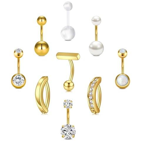 NIUSIMAN 14G Belly Button Ring for Women, Stainless Steel CZ Opal Pearl Belly Button Piercing, Clicker Belly Piercings Navel Piercings Pack Gold Cover