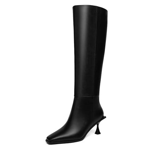Vertundy Womens Kitten Heel Boots Square Toe Low Heel Leather Knee High Boots