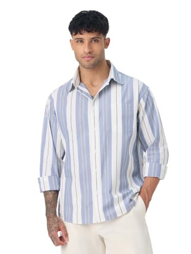 Image of The Souled Store Stripe Shirt: Clash Men and Boys Long Sleeve Spread Collar Light Blue Striped Casual Everyday Office Wear Ligthweight Cotton Relaxed Shirt