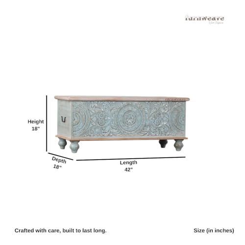 Image of Natura Solid Wood Coffee Table for Living Room Wooden Trunk Box for Storage | Handcrafted Center Table for Living Room with Sandook Storage | Pitara for Home & Bedroom (Light Blue Distress)