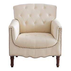 MOJAY Faux Leather Accent Chair, Mid-Century Modern Living Room Chair Comfy Armchair with Thick Padded Cushion, Lounge Sofa Club Chair with Sturdy Wood Legs for Bedroom Home Office (Ivory White) MOJAY Faux Leather Accent Chair Mid Century Modern Living Room Chair Comfy Armchair with Thick Padded Cushion Lounge Sofa Club Chair with Sturdy Wood Legs for Bedroom Home Office Ivory White