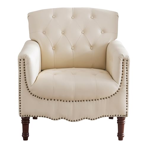 MOJAY-Faux-Leather-Accent-Chair-Mid-Century-Modern-Living-Room-Chair-Comfy-Armchair-with-Thick-Padded-Cushion-Lounge-Sofa-Club-Chair-with-Sturdy-Wood-Legs-for-Bedroom-Home-Office-Ivory-White MOJAY Faux Leather Accent Chair Mid Century Modern Living Room Chair Comfy Armchair with Thick Padded Cushion Lounge Sofa Club Chair with Sturdy Wood Legs for Bedroom Home Office Ivory White