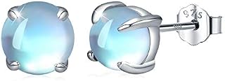 Round Moonstone Earrings 925 Sterling Silver Rainbow Moonstone Stud Earrings for Women Hypoallergenic Earrings for Sensitive Ears Gift for Girls Kids