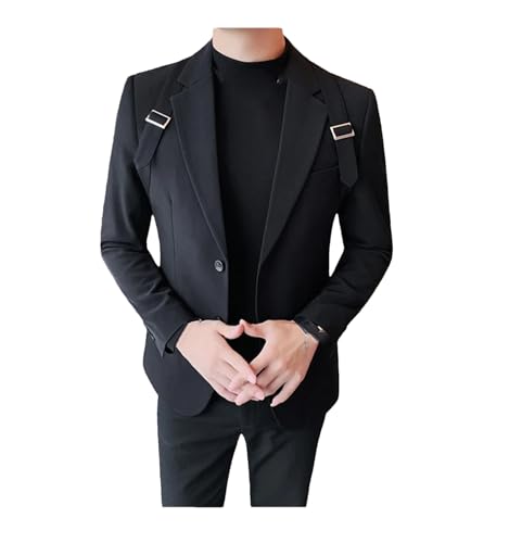 Strap Decoration Suit Jacket for Men Slim Casual Business Stylish Office Wedding Groom Social Blazers