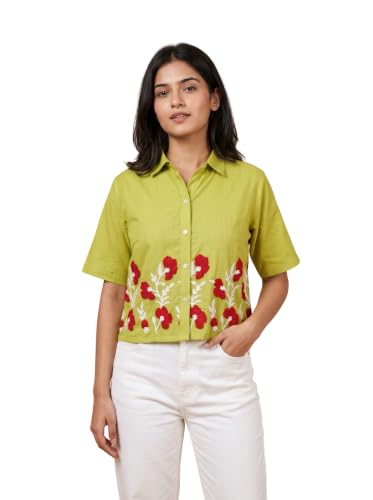 Image of Stylish Women's Embroidered Shirts | Geometric Pattern Half Sleeve Collared Button-Up Casual Shirt for Women