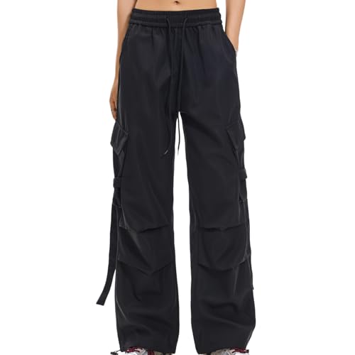 Cargo Pants Women Elastic Waist Parachute Hiking Pants with Pockets Fashion Lightweight Baggy Pants Casual Sweatpants Black