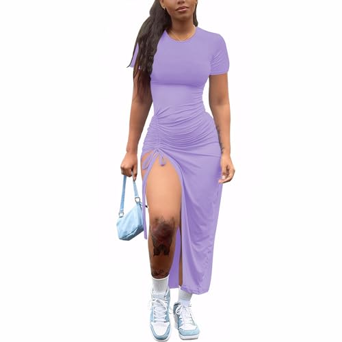 Image of Nimsruc Women Sexy Summer Dresses Short Sleeve Thigh-high Slit Ruched Bodycon Maxi Club Cocktail Party Dress