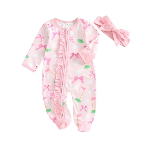 Newborn Baby Girl Golf Outfit Bow Golf Romper Long Sleeve Footed Zipper Jumpsuit Infant Fall One Piece Clothes