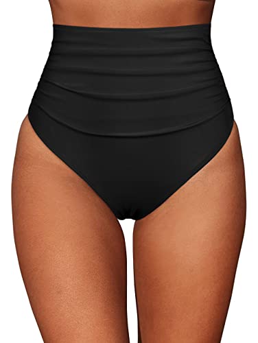Hilor Womens High Waisted Swimsuit Bottom Tummy Control Ruched Bikini Bottom Retro High Cut Black Swim Shorts Tankini Briefs 10 #TOP8