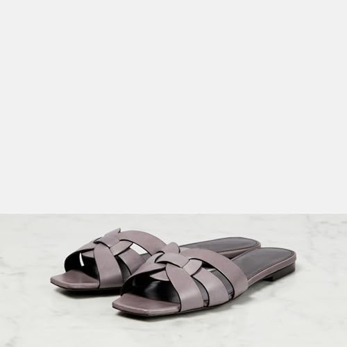 Image of THESHY Women's Flat Sandals Square Toe Patent Leather Comfortable Slip on Slippers Casual Summer Dressy Beach Slide Sandals for Women