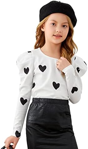 WDIRARA Girl's Heart Print Round Neck Puff Long Sleeve Tee Cute T Shirt Black and White 10Y