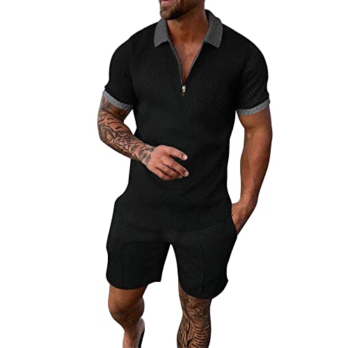 sutelang lurryly Ensemble Tee Shirts Et Short pour Hommes 2 PièCes DéContracté à Manches Courtes Demi-Zipper Revers Polo Shirt ÉLéGant Ensemble De SurvêTement Sportswear Fitness Jogging