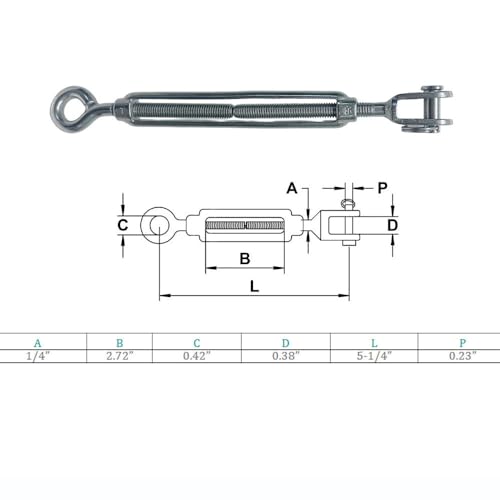 Tensor para cable Marine Grade T316 Acero inoxidable mandíbula y ojo 1/4" x 2-3/4", para barco, cubierta, barandilla, aparejo de cable, 1 pieza miniatura 2