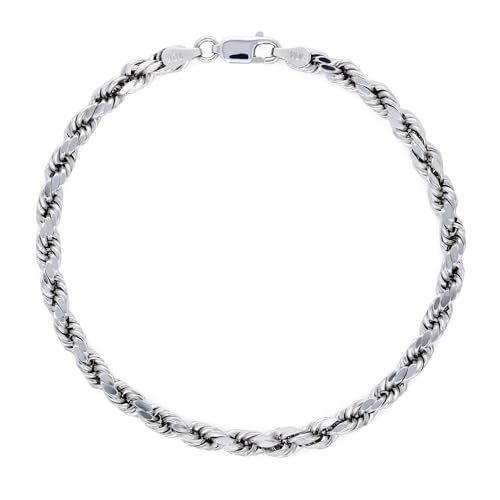 Nuragold 10k White Gold 4mm Rope Chain Diamond Cut Bracelet (7