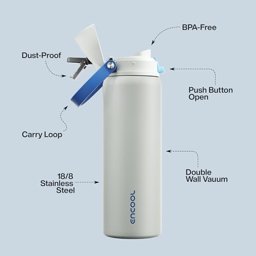 Image of Insulated Water Bottle with Straw - Encool Stainless Steel Water Bottle with Push Button Lid, Leak-Proof & BPA-Free, Keeps Cold for 24 Hours for Sports, Travel, Gym (32 oz, Quill Grey-Blue)