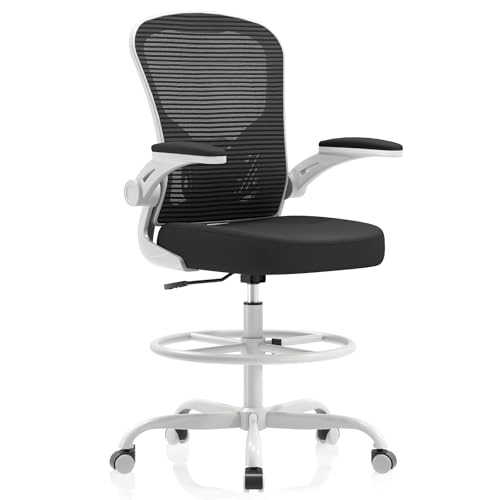Image of Synorla Ergonomic Drafting Chair, Tall Mesh Office Chair with Flip-up Armrests, Lumbar Support Adjustable Footrest Ring for Standing Desk Gray Pink