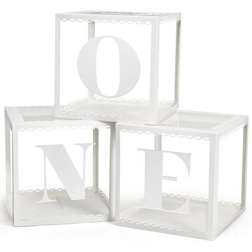 Geburtstagsdeko Box 1 Jahre Mädchen Jungen 1. Geburtstag Dekoration 3 Transparente Ballonboxen mit Zarte Spitze, Buchstaben ONE, Erster Geburtstag Boxen Für Birthday Decoration,1 Geburtstag,Jubiläum