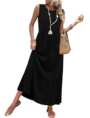 WIHOLL Summer Dresses for Women 2026 Casual Sleeveless Maxi Dress Long Flowy A Line Sundresses Beach Fashion with Pockets