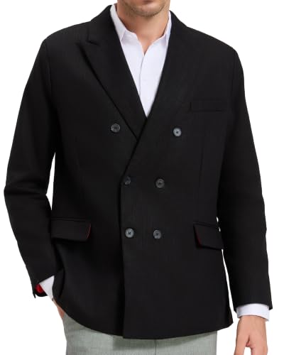 Image of The Platinum Tailor Mens Black Linen Blazer, Double Breasted Peak Lapel Summer Sports Jacket, 80% Linen Blend, Lightly Canvassed and Fully Lined, Regular Fit, Sizes 40