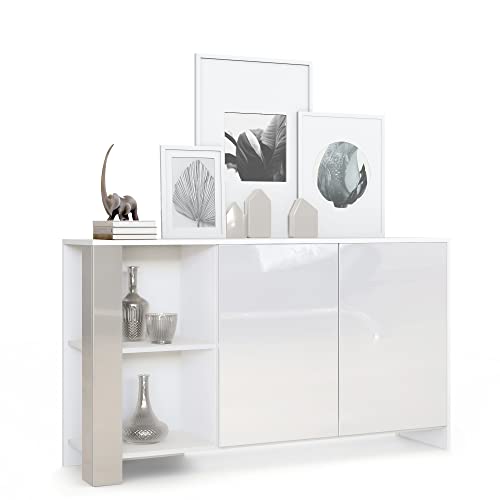 Vladon Buffet Canto, Long bahut avec 2 Portes et 6 Compartiments, Corps Blanc Mat, façades Blanc Brillant, Panneaux décoratifs Gris Sable Haute Brillance...