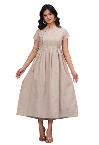 Image of Women's Cotton Striped Mandarin Collar Short Sleeves Dailywear Fit and Flared Midi Dress