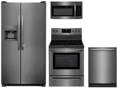 Frigidaire 4-Piece Kitchen Set FFSS2615TD with 36" Side by Side Refrigerator, FFEF3054TD 30" Electric Range, FFMV1645TD 30" Over-the-Range Microwave, FFID2426TD 24" Dishwasher in Stainless Steel
