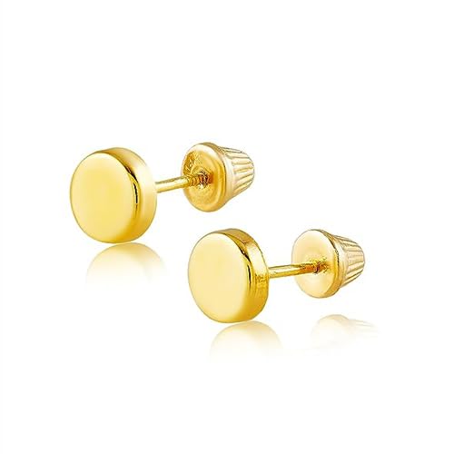 Hoberta Real 14k solid Round Yellow Gold Tiny Circle Stud Earrings with Screw back for Women Girls Men for Sensitive ears Small & Minimalist Dot Studs Jewelry for Gifts