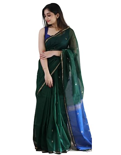Image of SGF11 Women's Kanjivaram Soft Cotton Linen Silk Saree With Blouse Piece (Green Blue)
