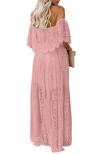 Image of HOYISHION Women's Off The Shoulder Floral Lace Maxi Dress White Bridesmaid Wedding Party Maternity Photoshoot Long Dresses