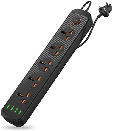 Portronics Power Plate 6 with 4 USB Port + 5 Power Sockets Extension Board, 2500W Power Converter, Cord Length 2Mtr (Black)