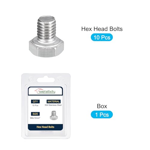 Image of METALLIXITY Hex Bolts (M8-1.25x10mm) 10Pcs, 304 Stainless Steel Coarse Fully Threaded Hex Head Screw Bolt Machine Screws - for Furniture Repair, Silver