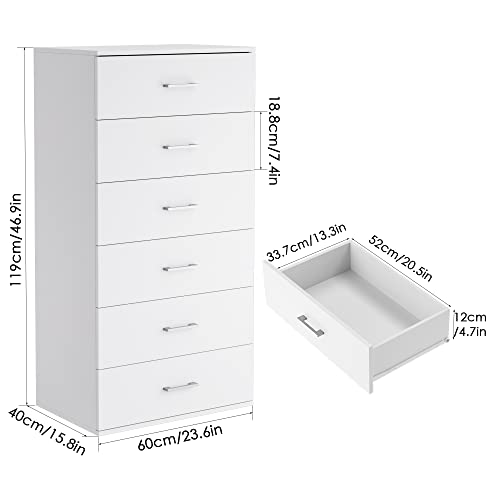 Fotosok 6 Drawer Dresser With Mental Handles, 23.6L X 15.7W X 46.9H Inches Chest Of Drawers With 6-Layer Modern Floor Storage Cabinet, Tall Nightstand For Bedroom, Living Room, White #TOP2
