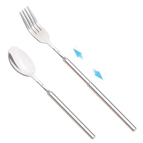 Juego de 2 cucharas extensibles, telescópicas de acero inoxidable que se extienden hasta 25 pulgadas, para barbacoa, postre, fruta, postre, cuchara, cubiertos