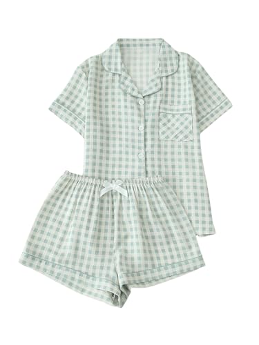 Verdusa Womens Plaid 2 Piece Cute Pajama Sets Short Sleeve Button Down Shirts with Shorts Loungewear Green Medium