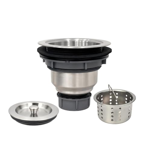 LYNNADO Kitchen Sink Drain Assembly Kit, 3-1/2 Inch Brushed 304 Stainless Steel Basket Strainer with Deep Removable Basket, Stopper & Cover Lid, Fits Standard Kitchen Sinks