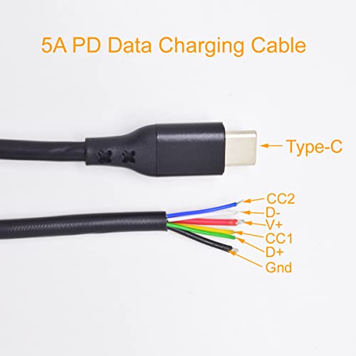 Kabel wtykowy USB C, ELNONE Typ C 4 ft 1,2 m 5A 20AWG 6-rdzeniowy kabel zasilający do transmisji danych, CC1 CC2 przewód DIY czarny