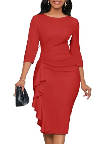 Image of Church Dresses for Women 3 /4 Sleeve Ruffle Vintage Bodycon Cocktail Work Midi Pencil Dress
