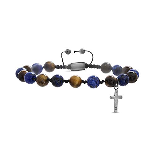 Steve Madden Blue and Brown Beaded Stainless Steel Cross Charm Adjustable Bracelet for Men (Multicolor), one Size (SMB606883OX-LP)