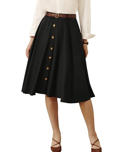 Ladies Black A Line Skirt Vintage Elegant Flared Midi Skirt wirh Pockets (Black, M)