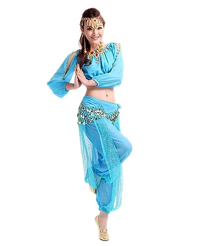 Genie Costume arabe à manches longues en mousseline de soie pour femme (haut, pantalon, ceinture écharpe uniquement) (cyan, taille S), cyan, S