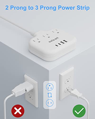 Adaptador meta-ant de 2 clavijas a 3 clavijas con 7 tomas y 4 USB (2 USB-C), extensión de 1.55 m, polarizado, color blanco miniatura 3
