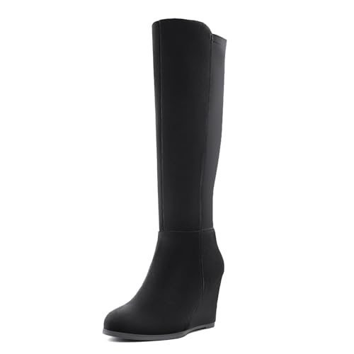 Women's Knee High Boots Wedge Heel Fashion Round Toe Stretchy Boots For Women With Side Zipper