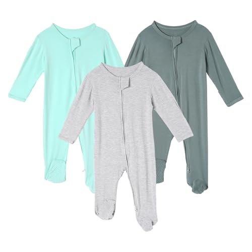 Image of DEFAHN 3Pcs Viscose from Bamboo Baby Footless Pajamas with Mittens Double Zipper Jumpsuit Long Sleeve Jumpsuit 0-24Month