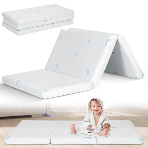 Image of PanKers Trifold Pack and Play Mattress 38"x26",Breathable Pack N Play Mattresses for Playpen, Portable Travel Crib Mattress with Washable Cover and Dual-Sided Memory Foam