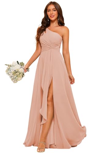 One Shoulder Chiffon Split Bridesmaid Dresses Dusty Rose Long Empire