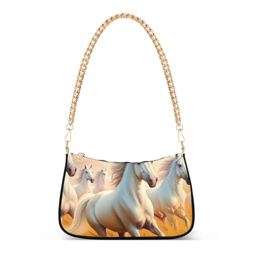 Zipper Classic Purse Hobo Totes White Horses Running Medium Handbag Tote Women Ladies Shoulder Bag with Chain Strap