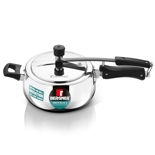 Image of Bergner Shouraya Triply Stainless Steel 3.5 Litres Inner Lid Pressure Cooker, Belly Shape, Faster and Even Heat Distribution, Healthy Cooking, ISI-Certified - Induction and Gas Stove Ready