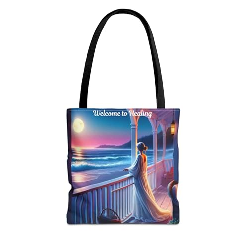 JujuVibe “Welcome to Healing” Tote Bag – Full Moon Beach Porch All-Over Print, Spun Polyester Shoulder Bag, 13