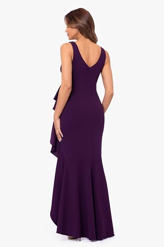Image of Betsy & Adam Women's V-Neck Hi Low Sleeveless Floor Length Cascade Dress with Draped Ruffle, Regular & Plus Size