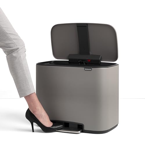 Image of Brabantia Bo Step-On Pedal Trash Can - 9.5 Gal Inner Bucket (Mineral Concrete Gray) Waste /Recycling Garbage Can, Removable Compartments + Free Bags